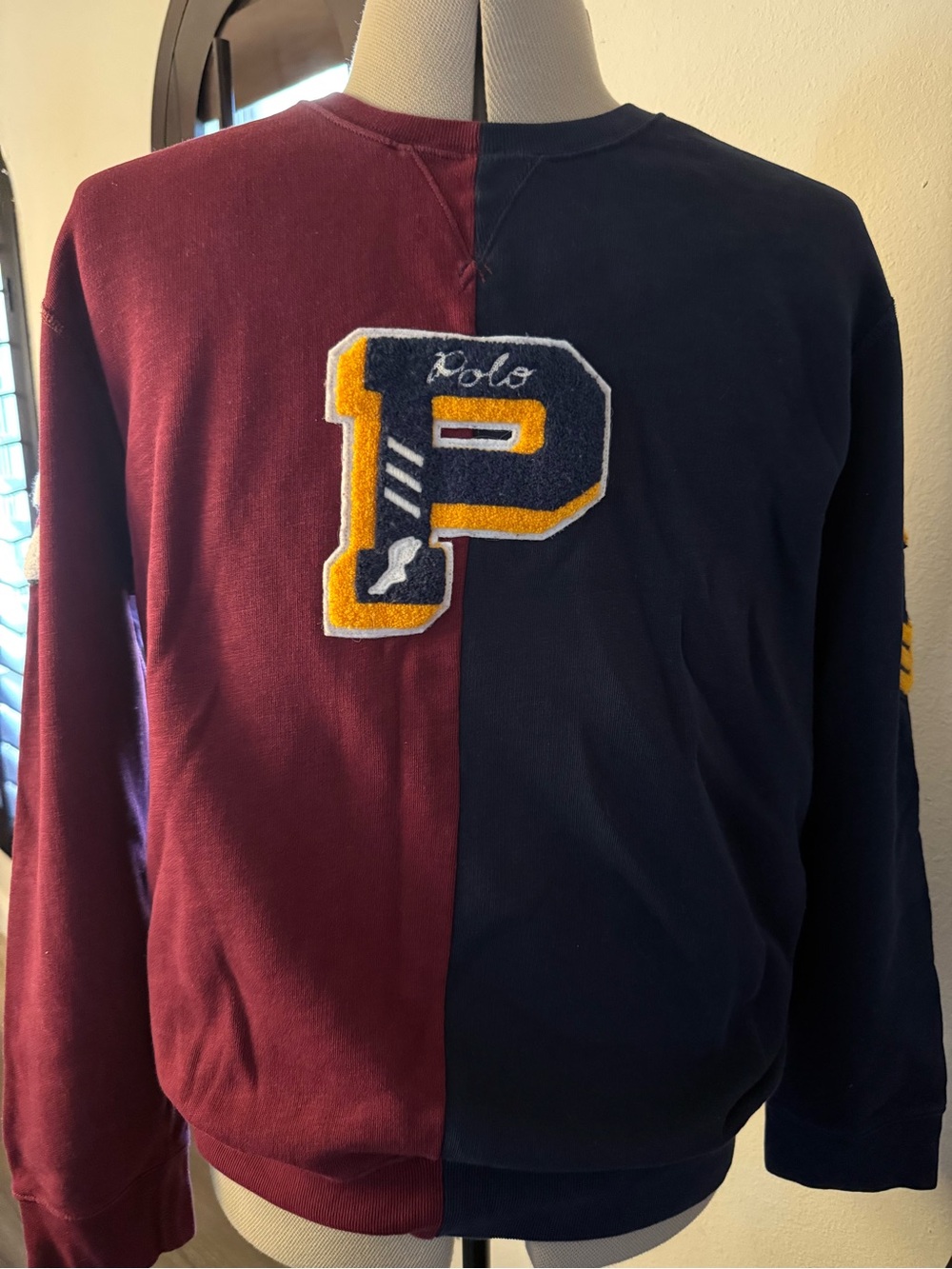 Polo Ralph Lauren Men’s XL Chenille P Patch Colorblock Sweatshirt Navy Burgundy